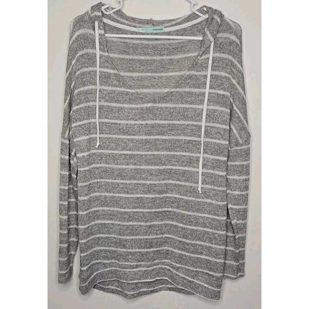 Maurices Sweater Womens L Drawstring Lightweight Hooded Gray White Made In USA